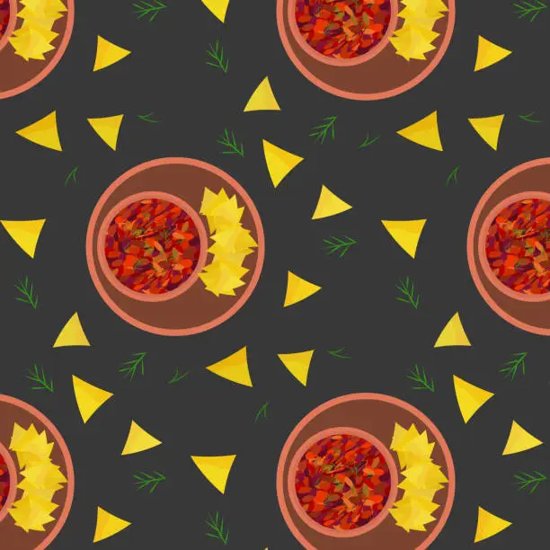 Vector illustration of Chili con carne with tacos. Pattern with food. Vector illustration.