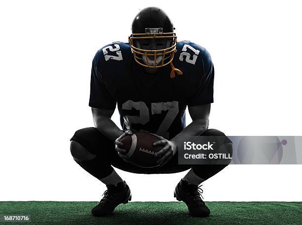 American Football Player Man Crouching Silhouette Stock Photo - Download Image Now - American Football Player, In Silhouette, Shadow