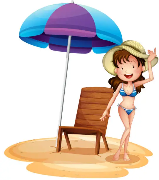 Vector illustration of Girl wearing bikini beside chair and umbrella