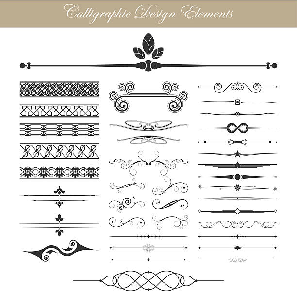 Vector illustration of calligraphic elements Design elements created through calligraphy are shown here.  There are 37 different design elements.  All are drawn in black.  The background is white.  At the top of the image is a light brown rectangle with the phrase "Calligraphic Design Elements" written in white.  Five of the design elements are thick boxes with intricate designs within them.  Most of the remaining design elements are lines with various designs that include crowns, infinity symbols, swirls and squares within the lines.  Six of the design elements are not lines, but are elements to ornament text. classical style stock illustrations