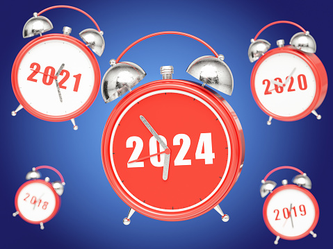 New Year Clock 2024 Concept with Alarm Clocks. 2024 New Year Concept. 3D Render
