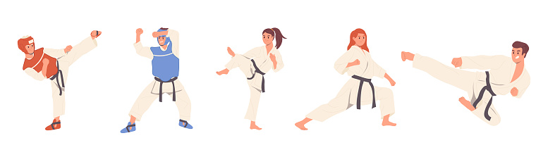 Diverse sports people in kimono fighting, attacking, practicing exercise at martial arts education class vector illustration. Man and woman cartoon character learning karate, taekwondo or jujitsu