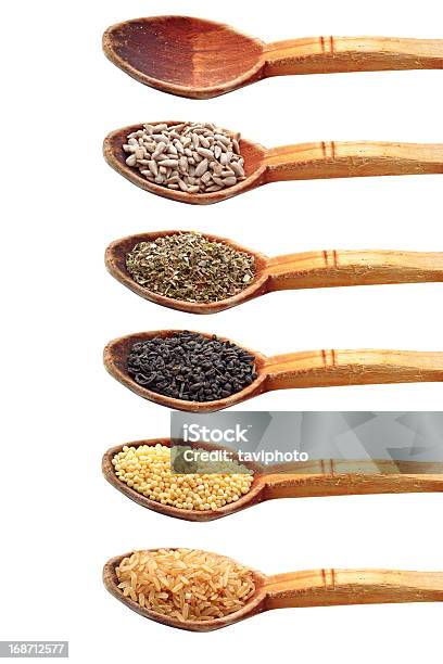 Ingredienti In Legno Spoons - Fotografie stock e altre immagini di Alimentazione non salutare - Alimentazione non salutare, Alimentazione sana, Beige