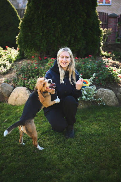 istock woman with a dog playing in a backyard. 1687131573