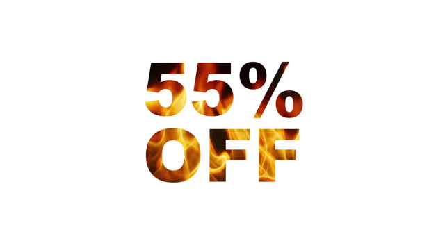 Fifty five percent discount. Burning text, glowing fire letters on black background and white background. Fire text, Flame word, Flame text, Flaming letters.