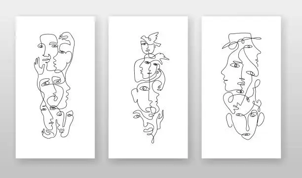 Vector illustration of Continuous hand drawing style art. Black and white vertical abstract composition with people portrets and body parts. Textile, paper, wall print artistic pattern. Contemporary one line art design in wire frame