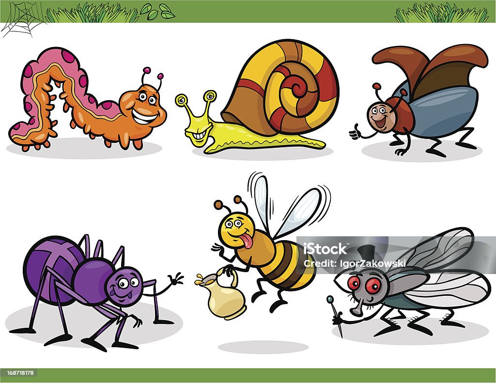 happy insects set cartoon illustration Cartoon Illustration of Happy Insects or Bugs Set like Bee, Beetle, Spider, Fly and Caterpillar June Beetle stock vector