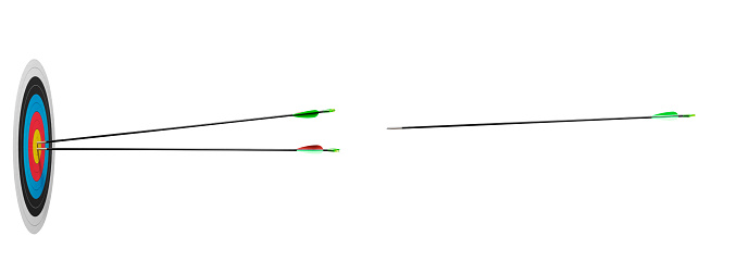 Two arrows in a  archery target, scoring a bulls eye one other airborne hitting the target. Isolated on white.