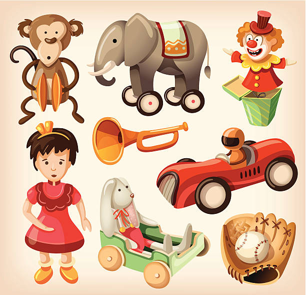ilustrações de stock, clip art, desenhos animados e ícones de conjunto de brinquedos vintage coloridos para crianças. - cymbal