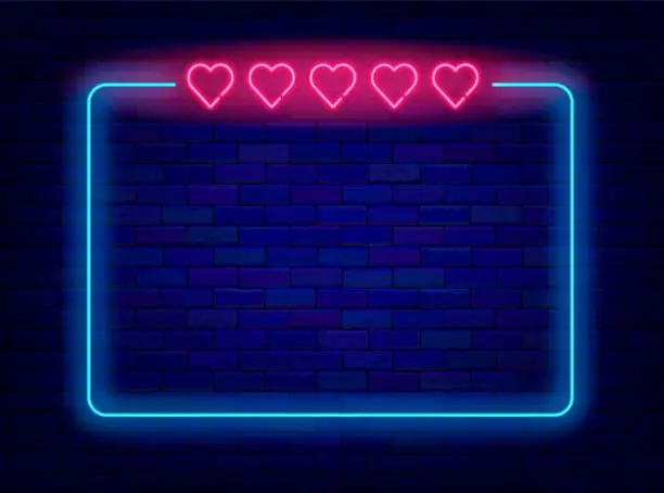 Vector illustration of Romantic holiday night neon banner. Five hearts. Dating and wedding concept. Happy valentines day. Vector illustration