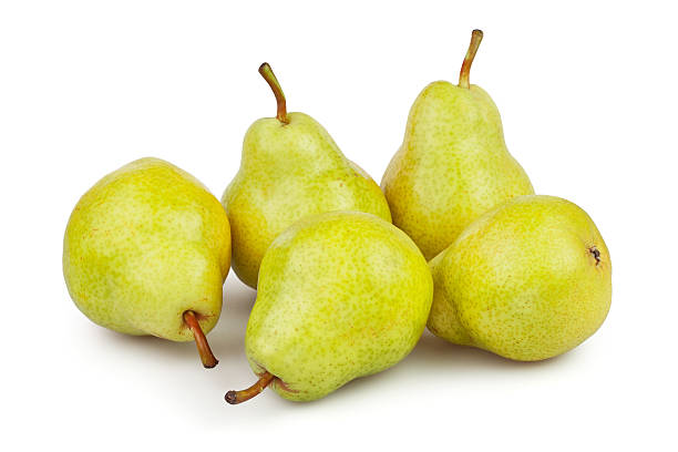 pears group pears group on white background bartlett pear stock pictures, royalty-free photos & images
