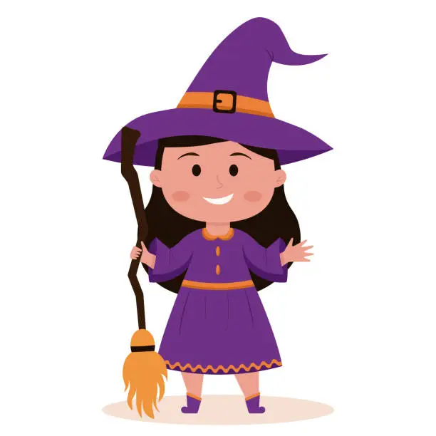 Vector illustration of Cute little witch with a magic broom. Vector illustration.