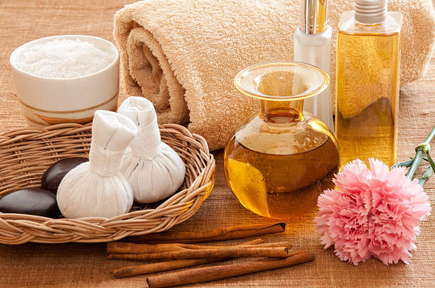 Essential oils and spices in a setting for spa relaxation