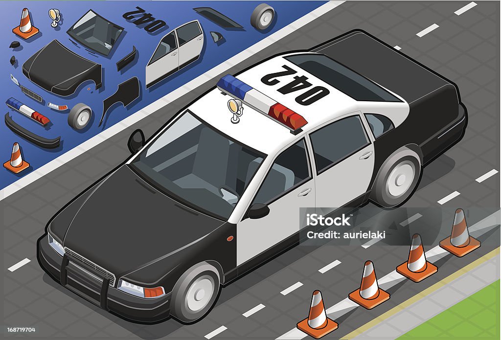 Isometrica nella vista frontale auto della polizia - arte vettoriale royalty-free di Macchina della polizia