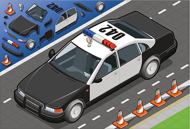 ilustrações de stock, clip art, desenhos animados e ícones de minibarra de ferramentas carro de polícia na vista frontal - emergency services car urgency isometric