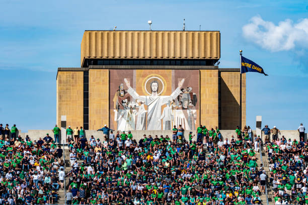 University of Notre Dame Stadium and Touchdown Jesus on Gameday Notre Dame, IN, USA - 09.16.2023 - University of Notre Dame Stadium and Touchdown Jesus on Gameday university of notre dame football stock pictures, royalty-free photos & images