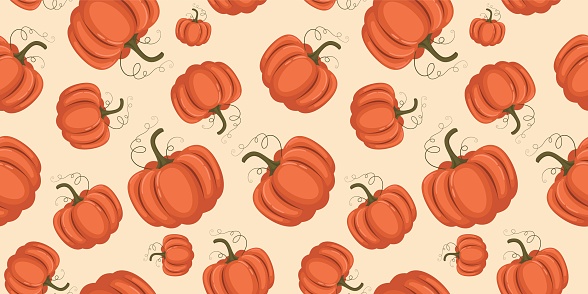 Seamless pattern with autumn fall orange thanksgiving pumpking. Perfect for wallpaper, wrapping paper, web sites, background, social media, blog, presentation, invitations and greeting cards.