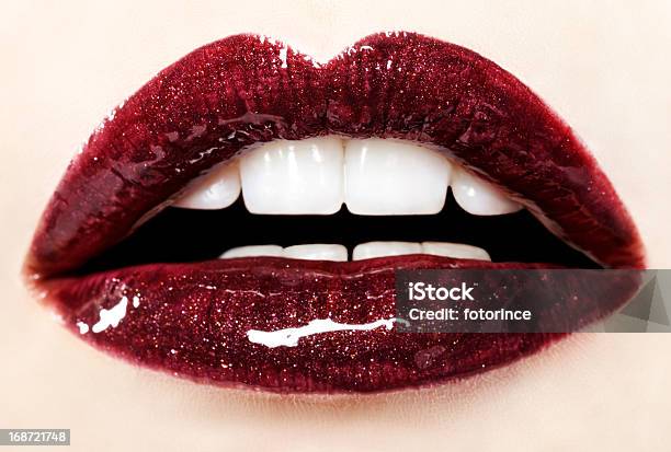 Beautiful Red Glossy Lips Close Up Stock Photo - Download Image Now - Adult, Beauty, Close-up