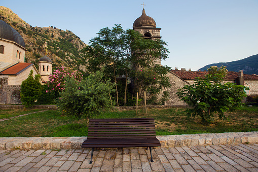 Empty bench in old town of Kotor, Montenegro