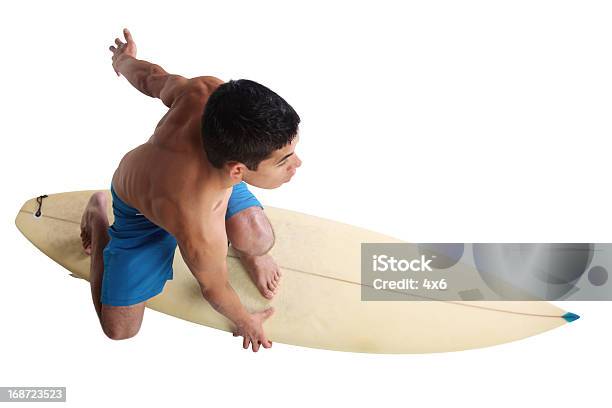 Looking Down On Isolated Surfer Stock Photo - Download Image Now - Surfing, White Background, Cut Out