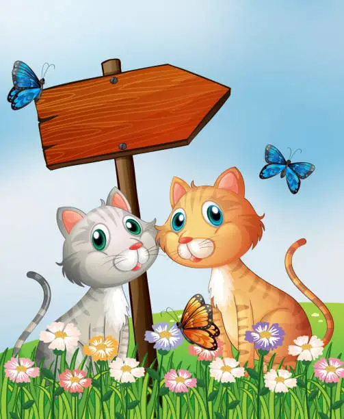 Vector illustration of Two cats in front of an empty wooden arrow board