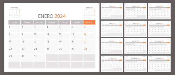 ilustrações, clipart, desenhos animados e ícones de planejador de calendário espanhol vetor 2024, calendário de mês de programação, modelo de organizador. a semana começa na segunda-feira. página pessoal da empresa. ilustração moderna - june calendar page personal organizer