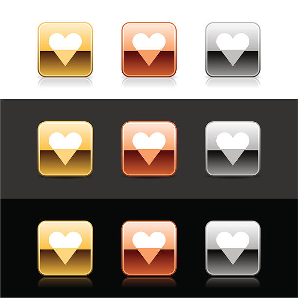 square-symbol weiß herz-symbol mit metall gold bronze-knöpfen - light effect black background love black stock-grafiken, -clipart, -cartoons und -symbole