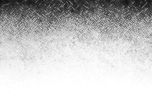 Black halftone grunge cross hatch etched pattern grid vector gradient illustration on white background