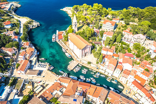 Veli losinj bay and architecture aerial view, Island of Losinj, archipelago of Croatia