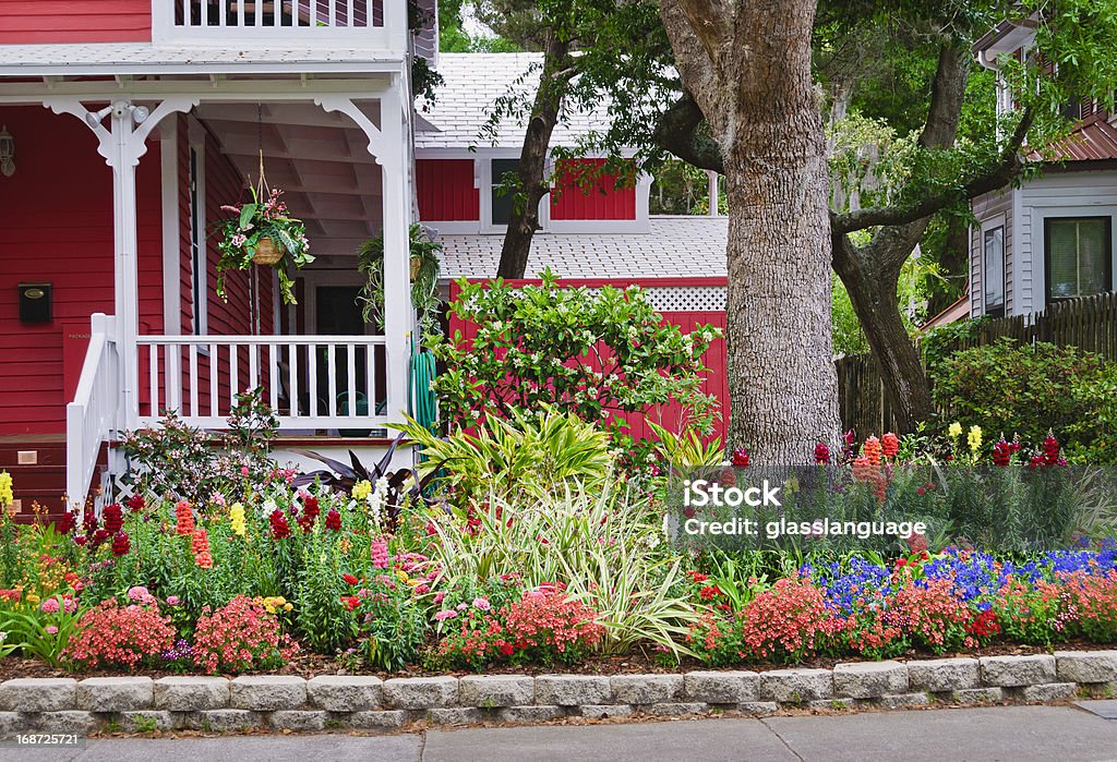 Small town America House with flower garden in front. St Augustine Florida. Florida - US State Stock Photo