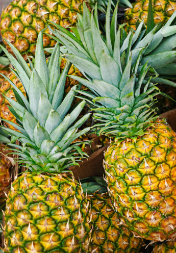 Fresh pineapples from the farmer's market. Close up, full frame.