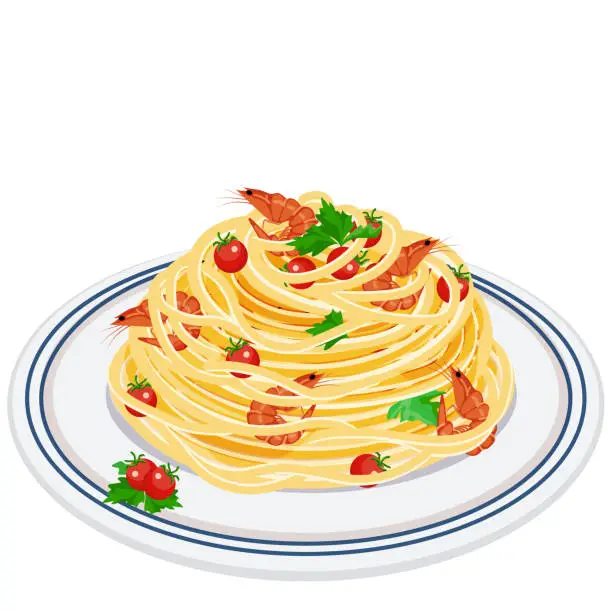 Vector illustration of Dish of delicious pasta with prawn, cherry tomatoes and parsley leaves.