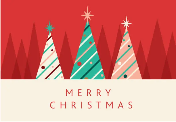Vector illustration of Merry Christmas Greeting abstract greeting card flat design template with Christmas Trees and stripes