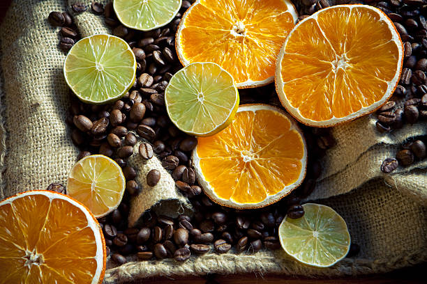 Coffee beans with orange and lemon