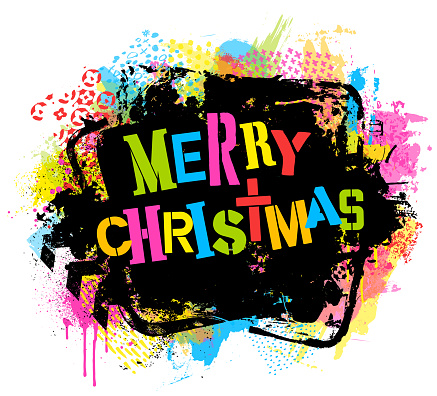Merry Christmas. Bright colorful abstract rainbow colored grunge textured paint marks and stencil patterns on white background vector illustration.