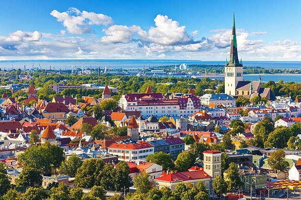 Aerial panorama of Tallinn, Estonia stock photo