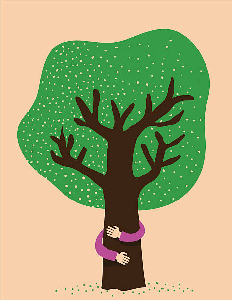 Protecting the tree man embraced to the trunk of a tree hugging tree stock illustrations