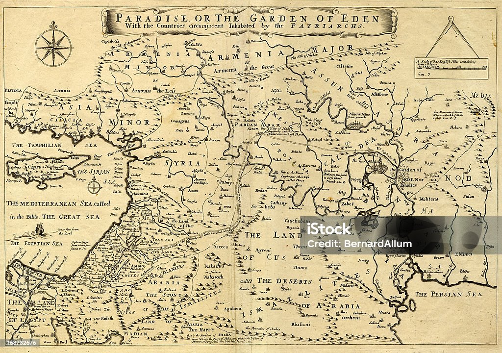 Antiguo Mapa de Oriente Medio, Garden of Eden, 1.675 - Ilustración de stock de Mapa libre de derechos