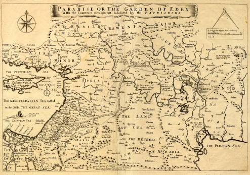 This may appear to be a straightforward map of the Middle East. However, closer inspection will reveal some extraordinary details, a number of descriptions on the map refer to stories from the Bible.