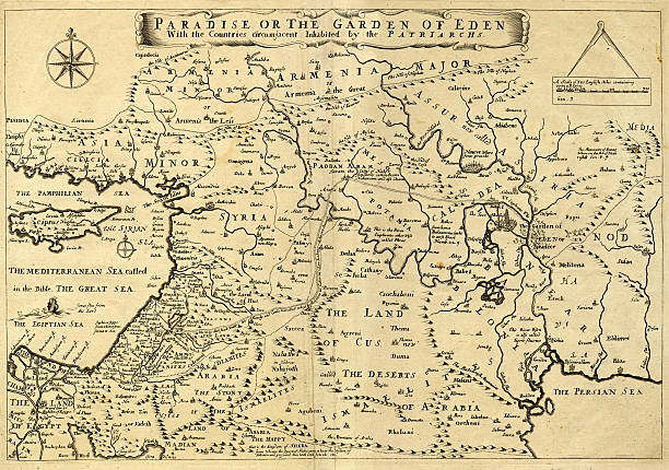 Middle East Ancient Map, Garden of Eden, 1675 This may appear to be a straightforward map of the Middle East. However, closer inspection will reveal some extraordinary details, a number of descriptions on the map refer to stories from the Bible. tower of babel stock illustrations