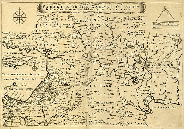 Middle East Ancient Map, Garden of Eden, 1675 This may appear to be a straightforward map of the Middle East. However, closer inspection will reveal some extraordinary details, a number of descriptions on the map refer to stories from the Bible. egyptian demons stock illustrations