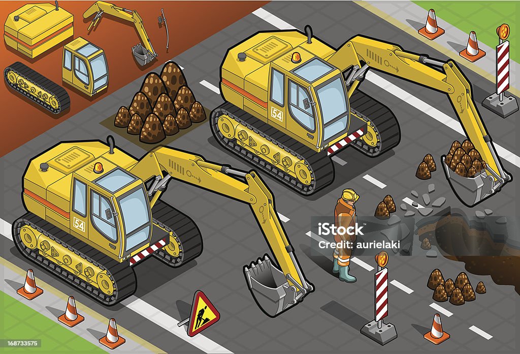 Isometric gelbe Excavator in der Vorderseite - Lizenzfrei Graben - Körperliche Aktivität Vektorgrafik