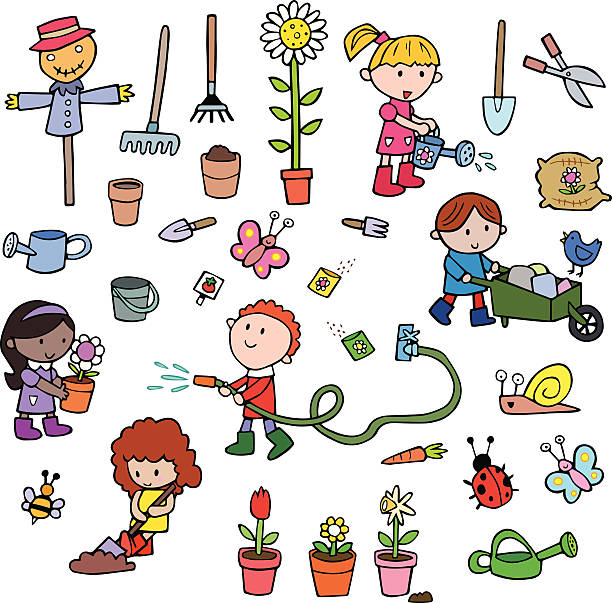 illustrazioni stock, clip art, cartoni animati e icone di tendenza di simpatico fumetto di giardinaggio per bambini collezione eco - tulip sunflower single flower flower