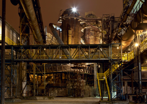 Night shot of abandoned iron works, Vitkovice, Czech Republic. Vitkovice industrial complex  is placed on  the list of UNESCO heritage.
