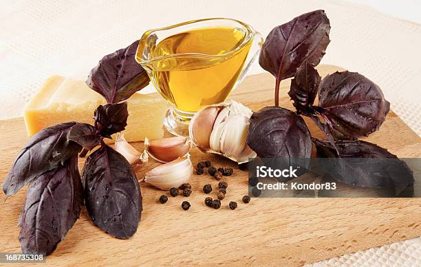 Ingredients Of Pesto Sauce On Wooden Plank Stock Photo - Download Image Now - Basil, Black Color, Cheese