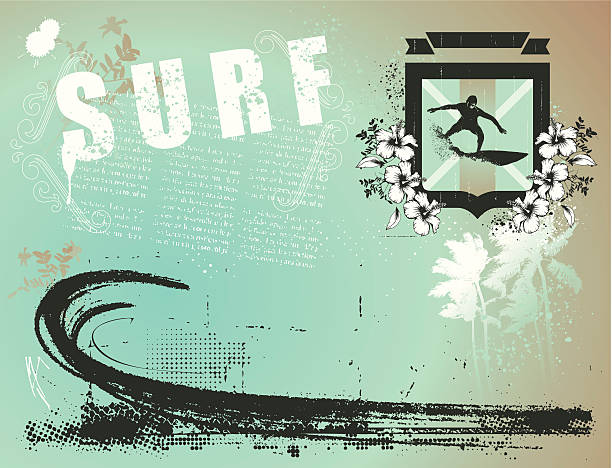 ilustrações de stock, clip art, desenhos animados e ícones de surf banner com escudo e praia paraíso - adventure australia big wave surfing best in show