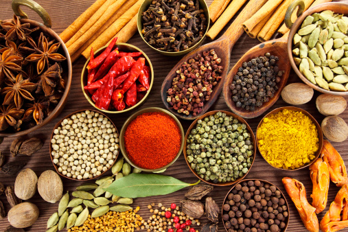 Abstract background of colorful spices shot from above