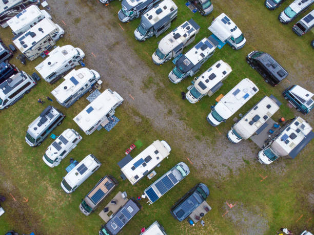istock Aerial view of motorhomes gathering 1687398414