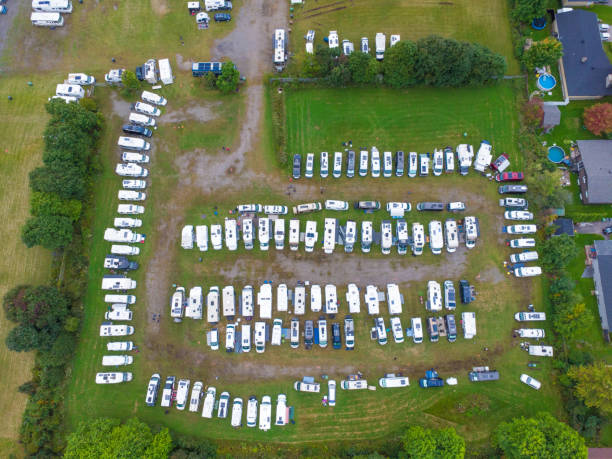 istock Aerial view of motorhomes gathering 1687398945