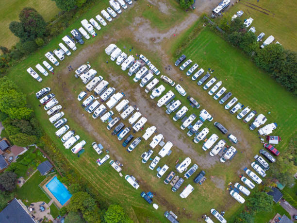 istock Aerial view of motorhomes gathering 1687399461